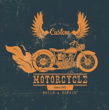 motorcycle shop advertisement retro design wings fire icons