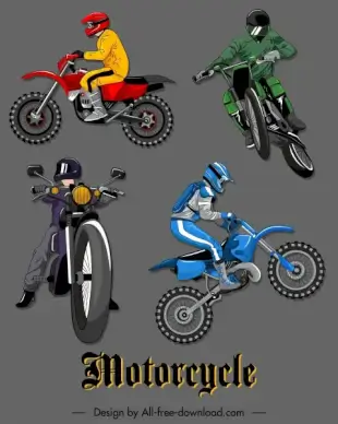 motorcyclist icons dynamic design colored 3d sketch