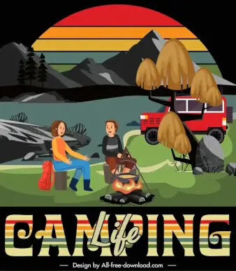 mountain camping advertising poster template cute cartoon