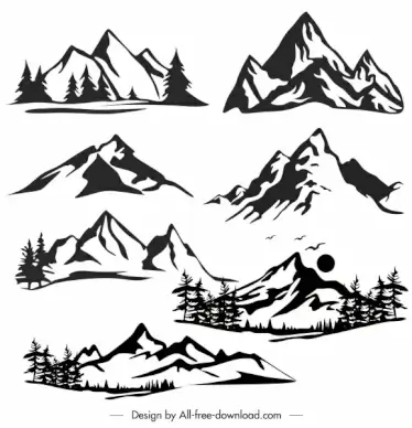 mountain icons black white handdrawn sketch