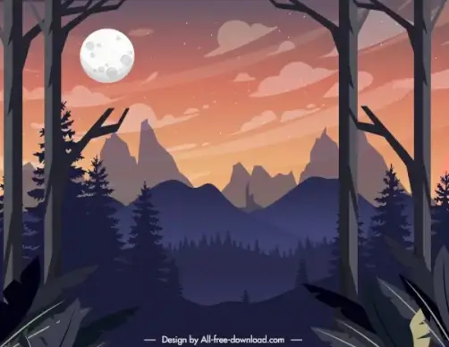 mountain landscape painting night time theme colorful classic