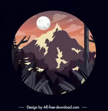 mountain moon scene background colored classic circle isolation