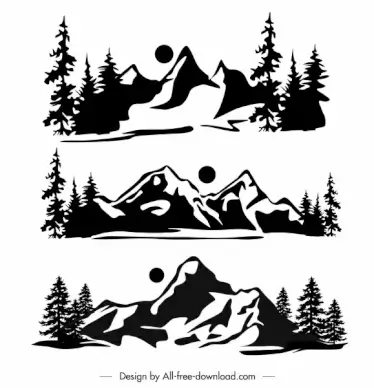 mountain scene icons black white handdrawn retro design