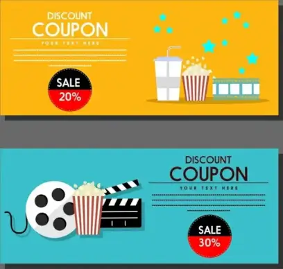 movie discount coupon templates colored symbols icons ornament