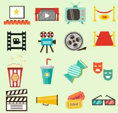 movie film icons illustration with colored flat style