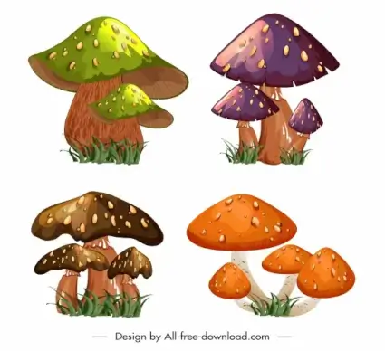 mushrooms icons colorful 3d sketch