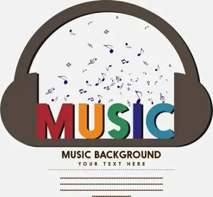 music background floating notes headphone and colorful words