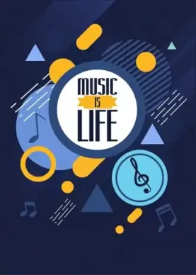 music background notes icons dark blue geometric decor