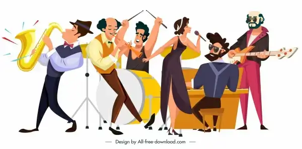music band icons dynamic cartoon characters sketch