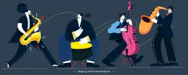 music band icons dynamic design cartoon sketch
