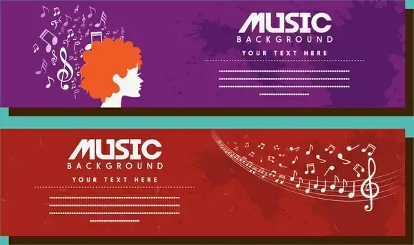 music banner flying notes on red violet background
