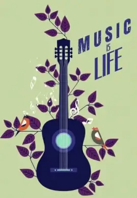 music banner guitar leaves birds icons flat design