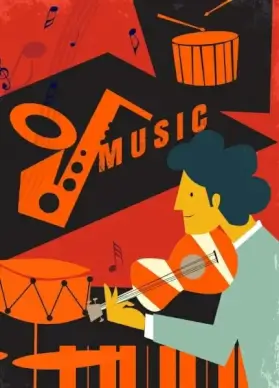 music banner man acoustic instruments icons retro design