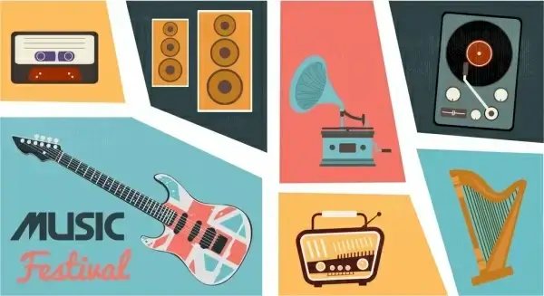 music design elements retro instruments icons isolation