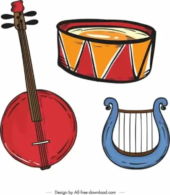 music instruments icons colored classical design