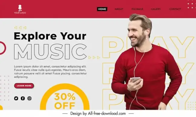 music landing page template happy man earphone 