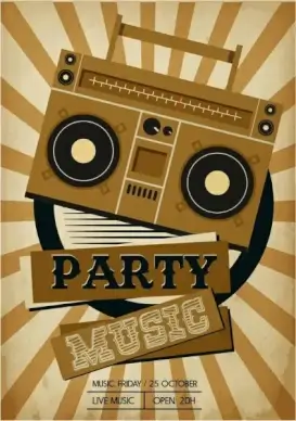 music party banner retro radio icon rays decor