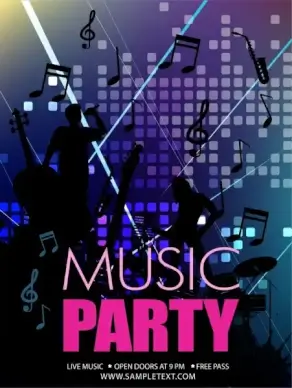 music party banner singers silhouettes music notes icons