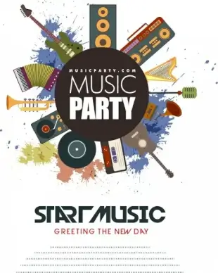 music party flyer retro instrument design splash colors