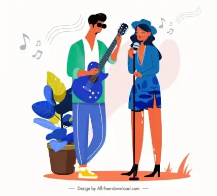 music performance painting guitarist singer sketch cartoon characters
