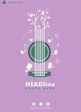 music poster violet background guitar notes birds decoration