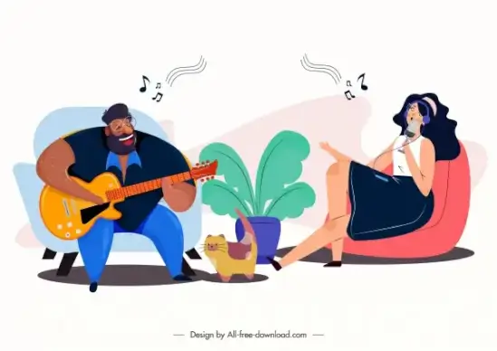 music recreation painting guitarist singer sketch cartoon characters