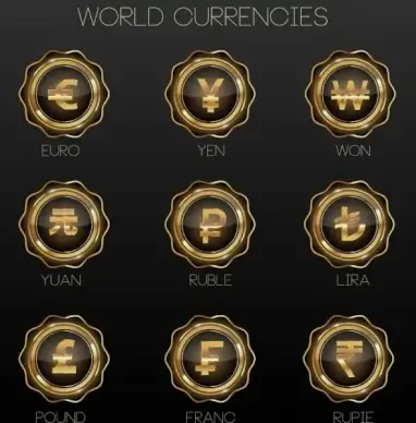 nations currency icons shiny yellow circle design