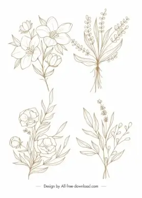 natural flower icons handdrawn sketch classic design