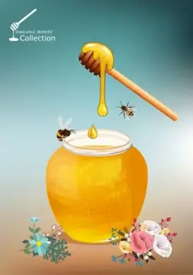 natural honey advertising jar bees flowers icons decor