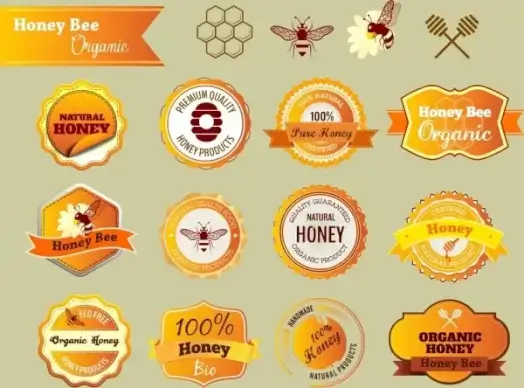 natural honey badges orange design various flat shapes
