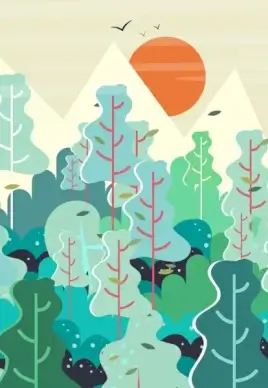 natural landscape drawing trees sun bird icons decoration