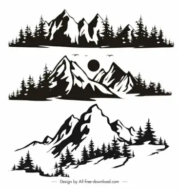 natural mountain range icons retro handdrawn sketch