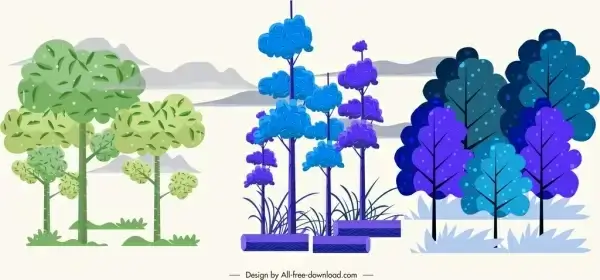 natural tree icons colorful handdrawn sketch