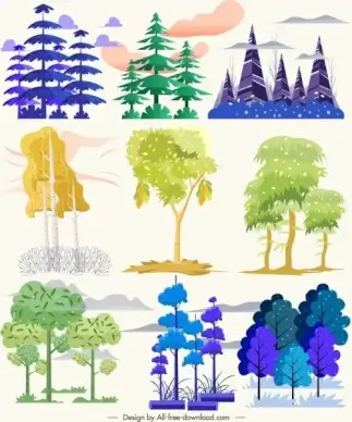 natural trees icons collection colorful sketch
