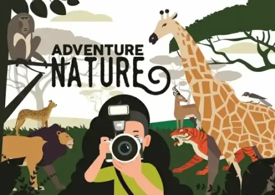 nature adventure background tourist wild animals icons decor