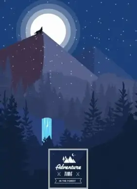 nature adventure banner moonlight mountain forest icons