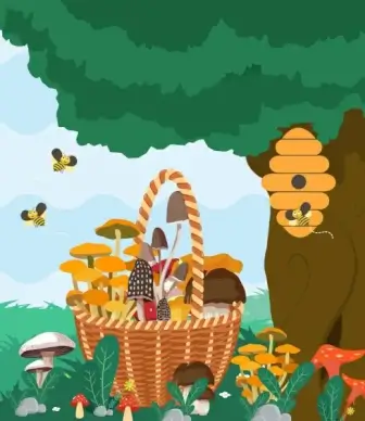 nature background honey bees mushroom basket icons decor