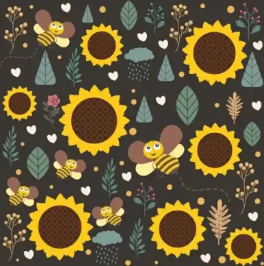 nature background honeybee sunflower leaves icons repeating decor