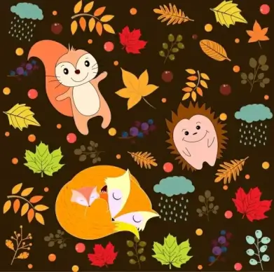 nature background squirrel fox porcupine icons leaves decoration