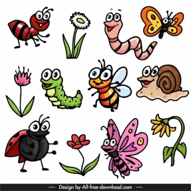 nature elements icons colorful classical handdrawn sketch