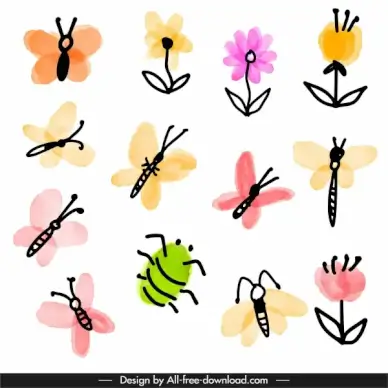 nature elements icons colorful flat handdrawn classic sketch