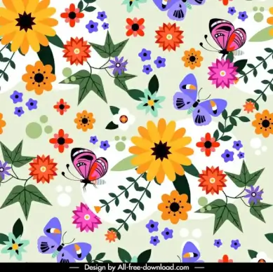 nature pattern colorful flowers butterflies decor flat design