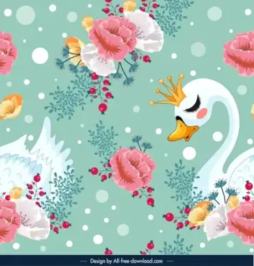 nature pattern flowers swan icons decor repeating design