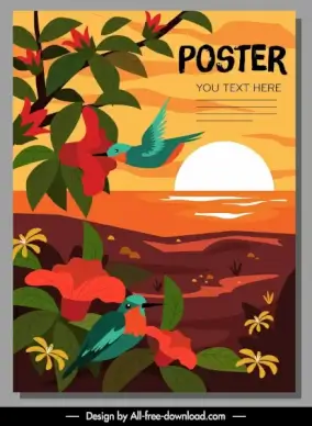 nature poster colorful dark flowers birds sea sketch