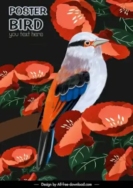 nature poster template colorful flowers bird perching sketch