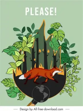 nature protection banner forest fire disaster fox sketch