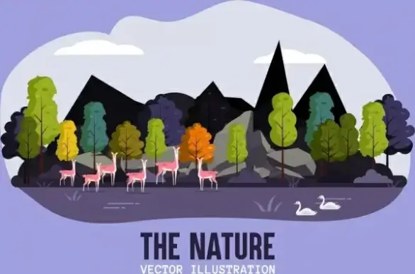 nature scene background trees reindeers swans icons decor