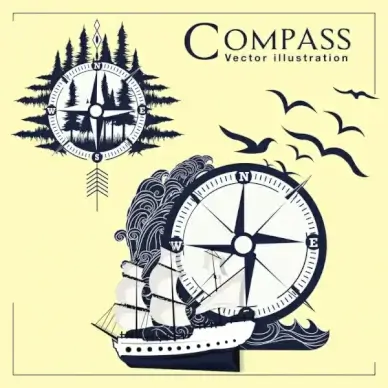 navigation background compass forest sea ship icons