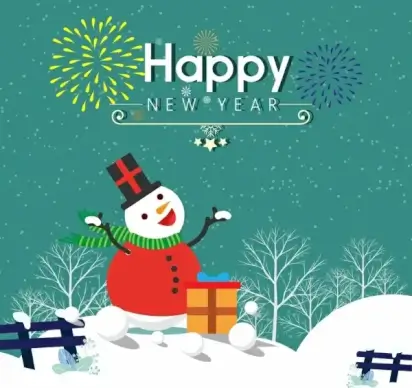 new year banner snowman icon winter fireworks background
