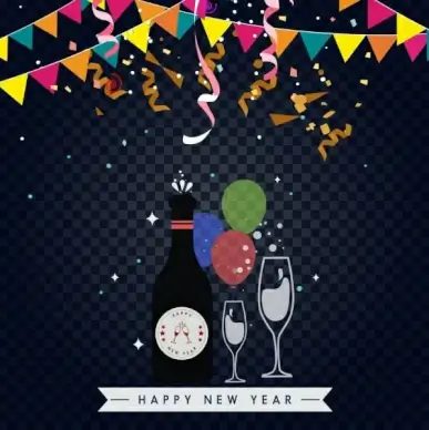 new year banner wine bottle icon ribbon decor